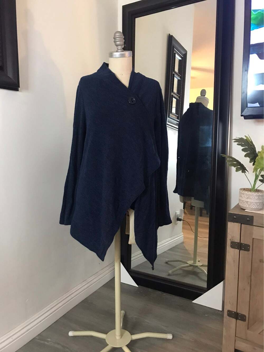 Carol Rose Women’s Asymmetrical Poncho Sweater Navy Button Front Wrap Medium